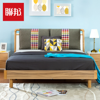 联邦家具实木床双人床1.8米 简约现代卧室布艺靠包婚床北欧1.5m床