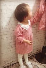 2015童装 女宝宝亚麻棉长袖连衣裙 韩版女童衬衫格子打底裙子包邮