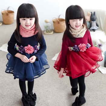 童装女童连衣裙冬装新款花朵加绒加厚款长袖宝宝红色新年装公主裙