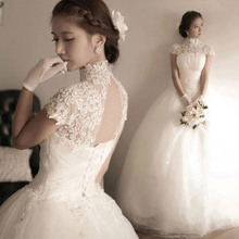 韩式新娘蕾丝一字肩修身齐地公主婚纱礼服2016春季新款批发价
