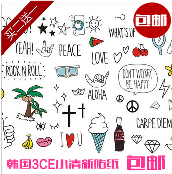 韩国3CE英文字母防水纹身贴 个性小清新刺青纹身贴纸2张买二送一