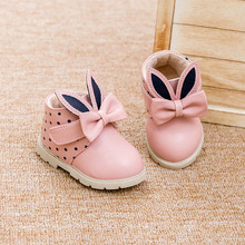 兔耳朵女童靴子加绒薄儿童短靴马丁靴皮靴公主靴韩版女童鞋