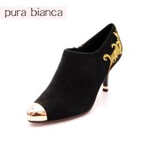 puran bianca正品 2805336 黑色羊绒鞋面绣花金属包头女单鞋密鞋