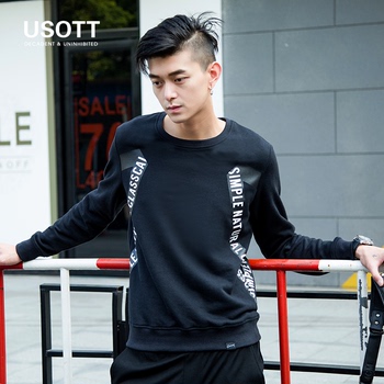 USOTT2016秋季新款黑色潮牌套头卫衣男 韩版英文圆领长袖学生外套
