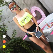 2015韩国代购女荷叶边分体泳衣荧光黄字母比基尼高腰遮肚显瘦钢托