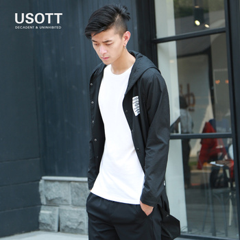 USOTT2016韩版中长新款黑色连帽披风夹克 潮牌帅气超薄外套男学生