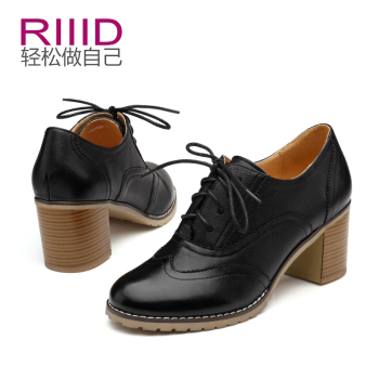 RIIID2015春季新款英伦风真皮系带粗跟女鞋单鞋  高跟深口单鞋