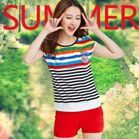 2015夏季新款女士时尚彩色条纹显瘦T恤短裤休闲运动套装两件套女_250x250.jpg