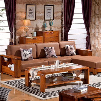 谷珀家具 全实木沙发 榆木沙发 贵妃L型转角沙发组合 实木布艺