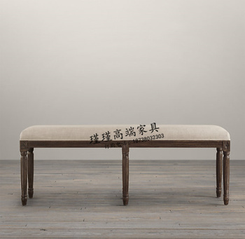 特价床尾凳出口美式RH家具橡木实木雕刻麻布料床尾凳换鞋凳