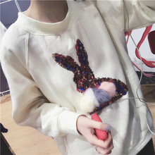 mini猩韩国新款加厚宽松卫衣女亮片兔子彩色毛球加绒套头圆领卫衣