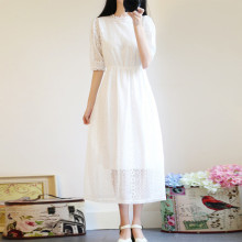 夏季学生蕾丝连衣裙修身甜美小清新白裙子仙女五分袖收腰气质长裙