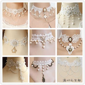欧美原创手工白色蕾丝珍珠项链短款锁骨链脖圈颈链夸张花朵锁骨链