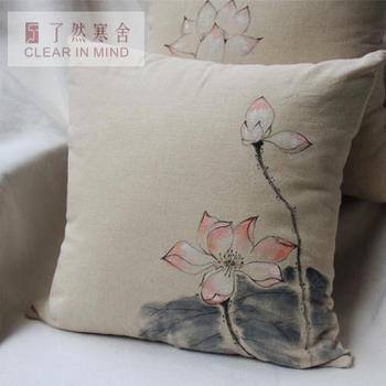 创意中国风中式红木沙发手绘水墨荷花棉麻抱枕汽车床头飘窗靠枕套