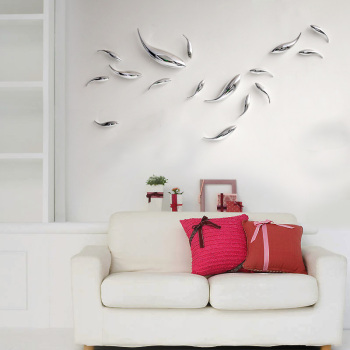家居墙上装饰壁挂鱼 简约现代客厅背景墙树脂电镀银壁饰鱼群挂件