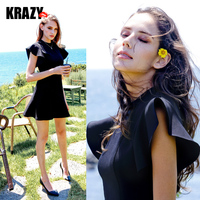 Krazy版型美哭 气质半高领收腰显瘦空气层蝴蝶袖黑色连衣裙 7285_250x250.jpg