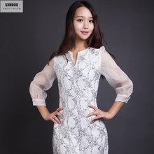 SUNDOO订制连衣裙 白色韩版V领小清新泡泡袖 2016年新款蕾丝绣花
