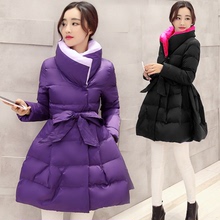 2016冬季新款女装棉服腰带斗篷型通勤纯色立领长袖韩版中长款棉衣