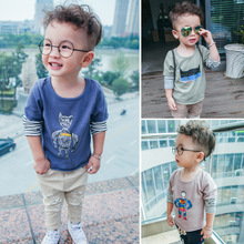 韩版儿童上衣卡通印花假两件长袖衣服男童t恤 品牌童装