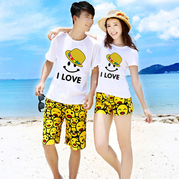 2015新款夏季韩版笑脸情侣装T恤结婚旅游夏装潮沙滩短袖短裤套装