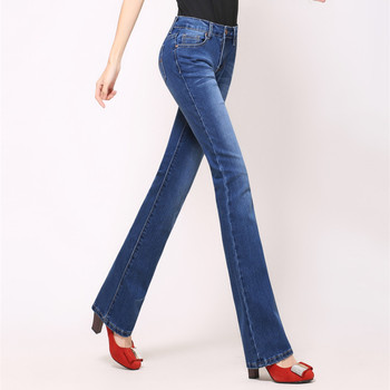韩版牛仔裤女式牛仔长裤 修身微喇裤弹力深蓝色牛仔女裤磨白