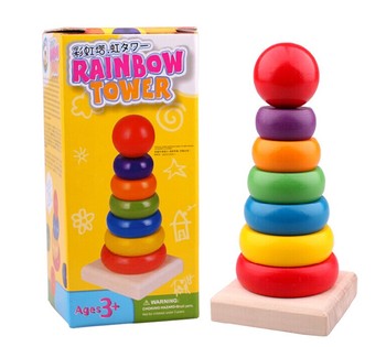 【天天特价】1-3岁木质玩具 宝宝小孩益智力玩具七彩虹塔套圈套柱