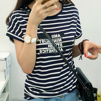 2015夏装新款韩版大码女装衣服短袖打底衫 字母印花海军风条纹T恤_250x250.jpg
