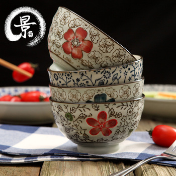 日式釉下彩小米饭碗青花碗景德镇和风饭碗小汤碗陶瓷碗餐具套装
