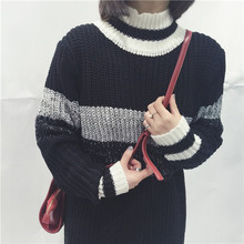 2015冬季新款 韩版潮款中长款条纹前短后长针织套头毛衣连衣裙