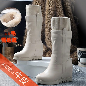 2015冬季套筒坡跟毛线口加绒中筒女靴子韩版时尚圆头内增高雪地靴