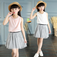 夏季4-12岁女童儿童新款韩版粉白竖条棉麻T恤2件套公主裙便宜包邮_250x250.jpg