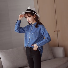 2016韩版刺绣口袋宽松长袖蓝色牛仔衬衫女休闲修身显瘦衬衣