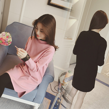 2015风情冬新款韩版蕾丝拼接粉色中长款打底显瘦套头针织衫毛衣女
