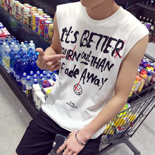 夏款男士字母印花棉质背心青年韩版修身无袖T恤打底圆领运动汗衫