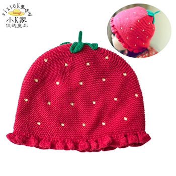 秋冬新款婴儿童帽子 女童保暖套头针织帽宝宝纯棉草莓绣花卡通帽