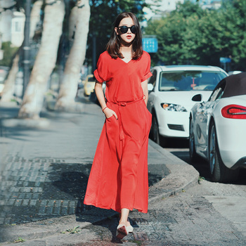 ZZ名品2015夏装新款欧美收腰显瘦红色长款V领连衣裙zh04103