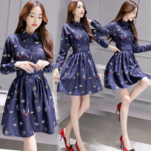 2016年秋季新款韩版长袖中裙时尚POLO领中腰显瘦修身连衣裙