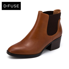 D：Fuse/迪芙斯2016秋季新款牛皮方头休闲松紧带粗跟高跟短靴女鞋