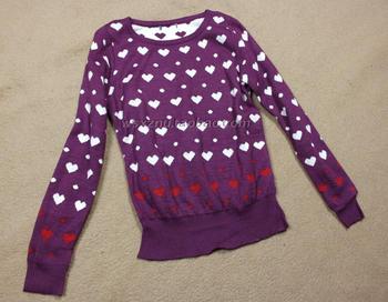 女装毛衣外贸剪标紫色套头圆领双层提爱心图甜美修身针织衫