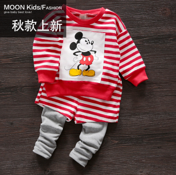 7-12个月男女宝宝红条纹米奇图案套装1-2岁小童黑条纹长袖T恤裤子