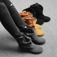 2015新款欧美风短靴秋款平底靴真皮平跟单靴自然皱中筒褶皱女靴