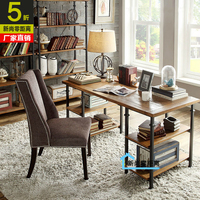 美式乡村实木电脑桌台式家用办公桌创意铁艺复古实木书桌书架组合_250x250.jpg