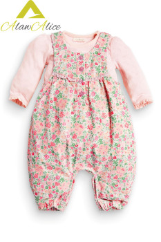【现货】英国代购NEXT新款纯棉 女童碎花粉色纯棉背带裤套装