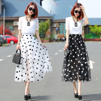 2015夏季新款韩版女装连衣裙长裙两件套短袖套装女显瘦波点套装裙