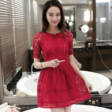 2016夏韩版露背红色蕾丝连衣裙短袖修身显瘦蓬蓬中裙女收腰