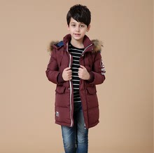 2016专柜史努比羽绒服男童毛领加厚中长款纯色拉链冬季外套