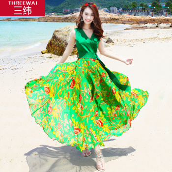 三纬 2015夏装新款波西米亚真丝连衣裙拼接长裙度假桑蚕丝沙滩裙
