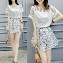 2016夏季韩版新款欧根纱短袖短款上衣+A字裙连衣裙 印花两件套裙