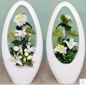 客厅简约镂空创意玻璃钢落地大插花瓶仿真花套装花器白色摆件装饰