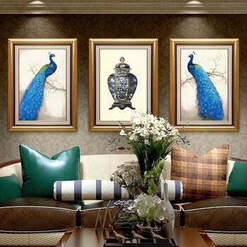 欧式美式样板间客厅装饰画 家居沙发背景墙壁画餐厅三联画蓝孔雀